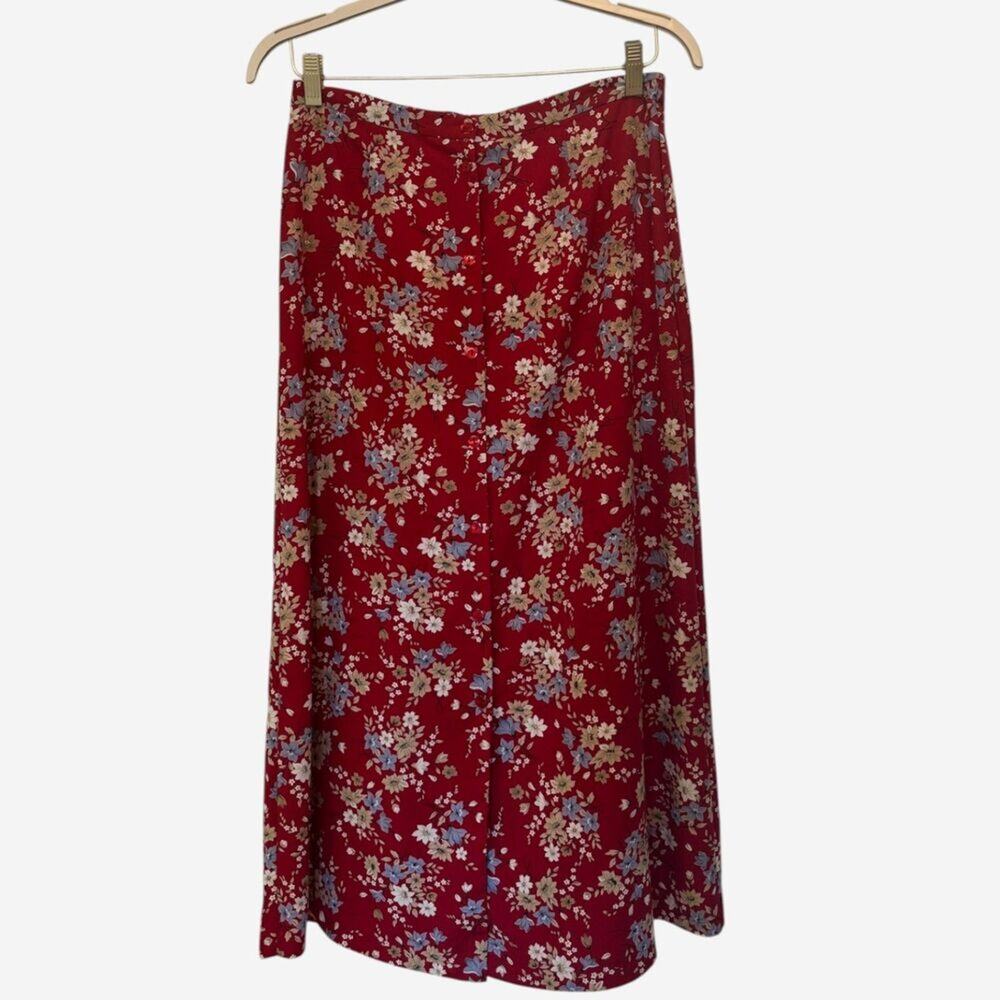 90s Deadstock Floral Red Midi Skirt Button Front High Rise Size 10
